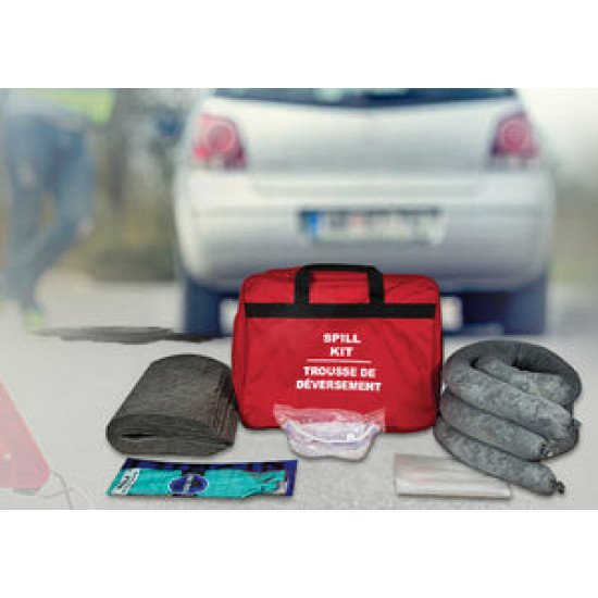 Vehicle Spill Kit - Includes 1 Red Zipper Bag, 10 Universal Pads, 3 Oil Only Socks, 1 Pair Nirtile Gloves, 1 pair Splash Goggles, 1 Disposable Bag